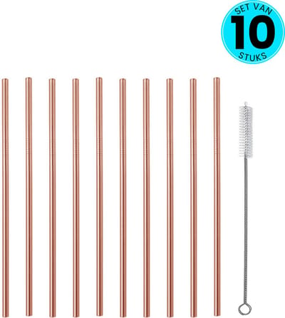 Somstyle Herbruikbare Bubble Tea Rietjes - 10 Stuks - RVS - Boba Thee - Met Rager - Voor Smoothies & Milkshakes - Roségoud