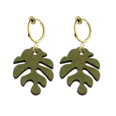 Klem oorbellen -groen -boomblad -hout -goudkleurig- geen gaatje- Lang- Charme Bijoux