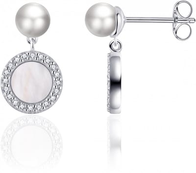Gisser Jewels - Oorbellen - Parel Oorstekers met hanger - Gezet met Zirkonia en Parelmoer ingelegd - 15mm x 8mm - Gerhondineerd Zilver 925 - E1041