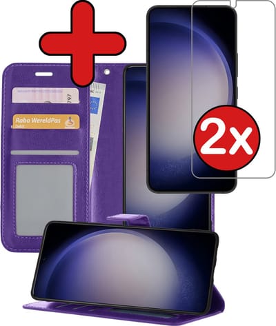 Hoesje - Met 2x Screenprotector - Geschikt voor Samsung Galaxy S23 - Luxe Pasjeshouder - Flip Case - Bookcase Portemonee - Kunstleer Book Case - Flipcase Hoes - Book Cover - Walletcase - Portemonneehoes - Telefoonhoes - Paars