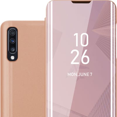 Cadorabo Hoesje geschikt voor Samsung Galaxy A70 / A70s in KUNZIET ROZE - Clear View Spiegel Beschermende Case met Tribunefunctie 360 Graden Bescherming Book Case Cover Etui