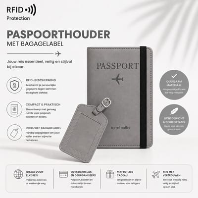 Paspoort hoesje met Bagagelabel (set) - Paspoorthouder beschermhoes cover voor paspoort & kaarthouder - RFID bescherming - Grijs
