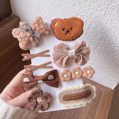 9 stuks meisjes haarspeld cartoon beer bloemen strik decor haarspeld zijkant schattige pluche bruine accessoires brown