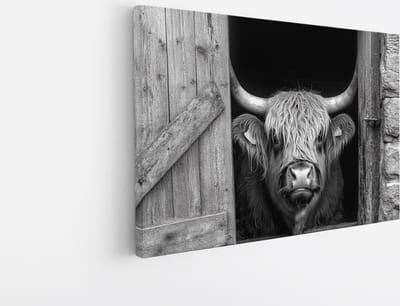 Saammp - Canvas Schilderij - Schotse Hooglander Koe Vanuit een schuur - Landschap - Dieren - Natuur - 45x30 - Foto op canvas - Wanddecoratie - muurdecoratie Woonkamer - Slaapkamer decoratie - Canvas Print