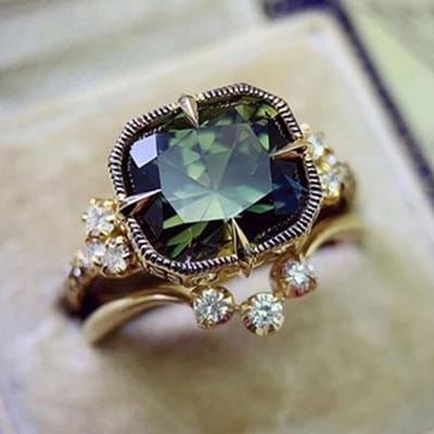 Huitan Vintage Groene Zirkonia Set Ringen voor Vrouwen Gouden Kleur Band Temperament Dames Vinger Accessoires voor Feest Sieraden 7 gray