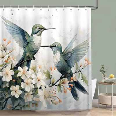 Kolibrie Bloemen Douchegordijn Vogels Aquarel op Bloementakken Bedrukt Polyester Badgordijnen Badkamer Decor met Haken 150x180cm-60x70in