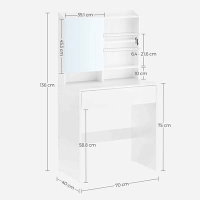 Casa Living Make-Up Tafel - Beautytafel - Kaptafel - Inclusief Lade en Verstelbare Opslagruimte - Modern - Wit - 70x40x136CM