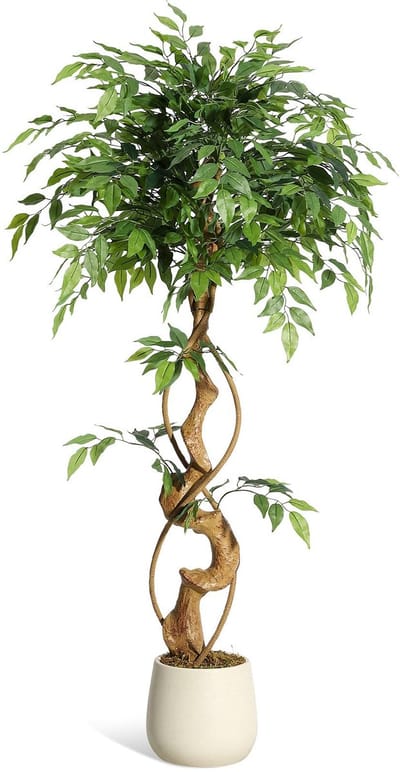 120cm kunstficus met gebogen stammen - 1-laagse kunstplant zijden boom met witte plantenbak - kunstficus voor binnenhuisdecoratie thuis