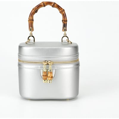 Leren Dameshandtas met Lente Bamboe Handvat, High-end Enkelvoudige Schouder Crossbody Tas voor Werk, Emmer Tas 15.5*9.8*15cm zilver