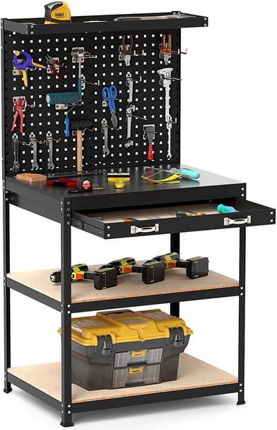 COSTWAY Werkbank 81 x 41 cm, 225 kg draagkracht, werktafel met gatenwand, laden & planken & 20 hanghaken, werktafel werkbank voor huis, garage, werkplaats (81 x 41 x 156 cm, zwart)