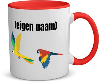 Akyol - 2 vliegende papegaaien koffiemok - theemok - rood - Papegaai - papegaai liefhebbers - met eigen naam - papegaai spullen - gepersonaliseerd - 350 ML inhoud