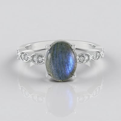 Cavill - Zilveren ring met 2,7 ct labradoriet ovale cabochon 10x8 mm - 925 sterling zilver geplatineerd - 12 pavé zirconia's - elegante damesring