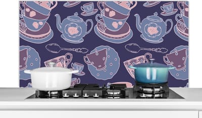 Spatscherm keuken 120x60 cm - Kookplaat achterwand Patroon - Thee - Kop - Theepot - Muurbeschermer - Spatwand fornuis - Hoogwaardig aluminium