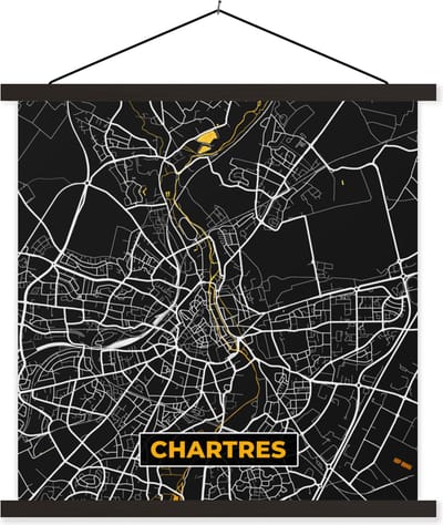 Posterhanger incl. Poster 60x60 cm - Schoolplaat - Plattegrond - Kaart - Chartres - Frankrijk - Stadskaart - Textielposter - Zwarte latten - Stadskaart