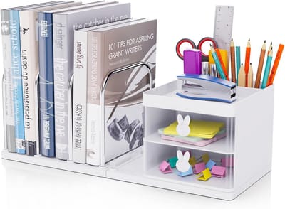 Bureau-organizer met akthouder en lade - multifunctioneel boekenrek met 2 pennenhouders voor kantoor, school en thuis