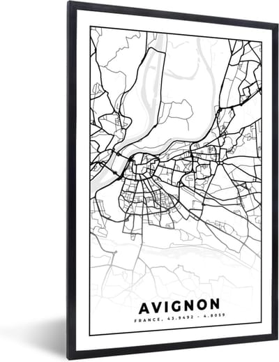Fotolijst incl. Poster Zwart Wit- Stadskaart - Frankrijk - Kaart - Plattegrond - Avignon - Zwart wit - 40x60 cm - Posterlijst