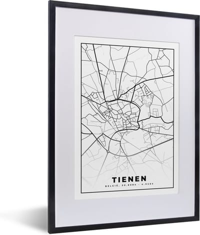 Fotolijst incl. Poster Zwart Wit- België – Tienen – Stadskaart – Kaart – Zwart Wit – Plattegrond - 30x40 cm - Posterlijst