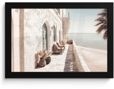 Poster in lijst - Fotolijst 30x20 cm - Posters - Terras - Stoelen - Strand - Beige - Posterlijst zwart - Decoratie - Wanddecoratie woonkamer - Muurdecoratie slaapkamer