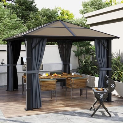 MEUNIQ paviljoen 3 x 3 m met polycarbonaat dak, gordijnen en muggengaas, aluminium en metalen frame, 300 x 300 x 265 cm, voor tuin of terras, grijs