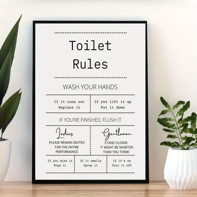 Canvas poster – Toiletposter – Toilet rules – Badkamerposter – Humor tekst – Minimalistisch design – Wanddecoratie – Canvas wanddecoratie – Zonder lijst – 20x30 cm