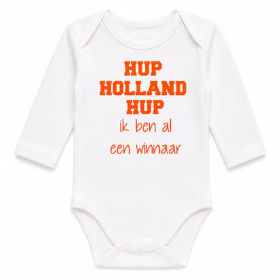 Baby Rompertje tekst  Mijn eerste WK EK - Oranje baby voetbal Nederlands elftal |  hup holland hup  ik ben al een winnaar | lange mouw | wit oranje | maat 50-56 Nederland supporter shirt  nederlands elftal