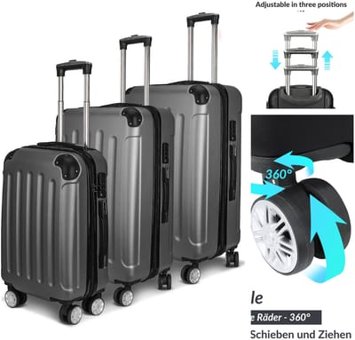 3-delige kofferset, 20" 24" 28" harde reiskofferset, met 4 wielen, afsluitbare ritssluiting, telescopische trekstang, set M-L-XL, ABS zakelijke koffer, donkergrijs