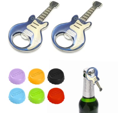Dailygoods- Flesopener Gitaar - 2 Stuks - Wijnflessendoppen - Roestvrij Staal - Draagbaar - Klein Formaat 11,3 x 5 cm - Kurkentrekker