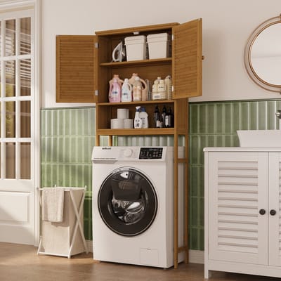 Bealife AP03 Wasmachinekast voor Wasmachine en Droger - Hoge Badkamerkast met Deuren - Toiletplank - Naturel