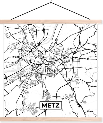 Posterhanger incl. Poster 40x40 cm - Schoolplaat - Frankrijk - Metz - Kaart - Plattegrond - Stadskaart - Zwart wit - Textielposter - Blanke latten - Stadskaart
