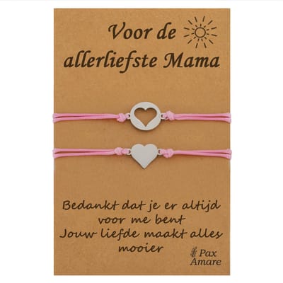 Moeder Kind Armbandjes voor 2 "Voor de Allerliefste Mama" - Hartjes - Vriendschapsarmbandjes met Persoonlijk Cadeau Kaartje - Zilverkleurig & Roze - Elastisch Verstelbaar - Pax Amare