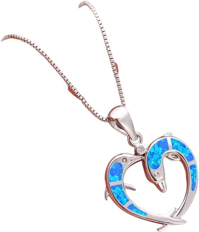 Dolfijn hart Ketting voor Dames – Boho Opal Look Sieraad – Romantische Mode Ketting – Cadeau voor Dames en Meisjes – Geschikt voor Feesten, Bruiloften en Dagelijks Gebruik - Zilver