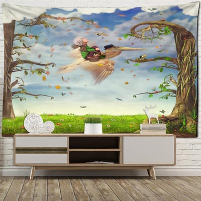 Tapisserie Murale Illustration Garçon et Toucan Dessin Animé Kawaii Chambre d'Enfant Décoration Intérieure Tissu de Fond 95x70cm white