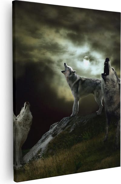 Artaza Canvas Schilderij Wolf - 80x100 cm - Groot - Wanddecoratie Wolven - Muurdecoratie Volle Maan - Schilderijen Op Canvas Dieren