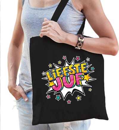 Liefste juf katoenen tas zwart voor dames - cadeau / verjaardag tassen - kado / tasje / shopper