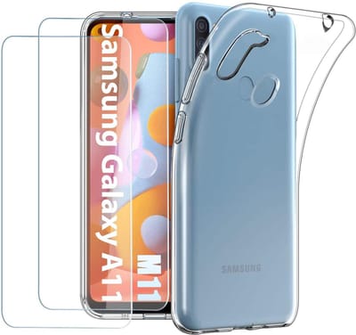 HB Hoesje en Glas Geschikt voor Samsung Galaxy M11 - Transparant - Siliconen Back Cover 2x Glazen Screenprotector