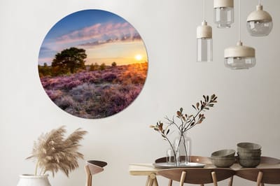 WallCircle - Wandcirkel - Muurcirkel - Bloeiende heide tijdens zonsondergang in Nederland - Aluminium - Dibond - 120x120 cm - Binnen en Buiten XXL
