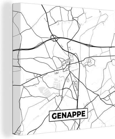 Canvas Schilderij Stadskaart – Plattegrond – België – Zwart Wit – Genappe – Kaart - 20x20 cm - Wanddecoratie