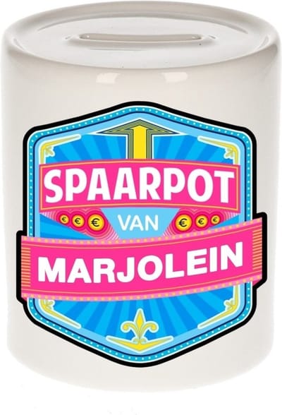 Bellatio Decorations Kinder spaarpot met naam - Marjolein - keramiek - met dop - wit - Sparen - Spaargeld van Marjolein