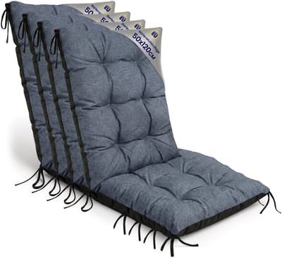 Tuinstoelkussens Hoge Rug Set: 4x 50x120 cm - Kussens voor Tuinstoelen & Standenstoel Terrasstoel Jeans Eco linnen Stoelkussens Tuin Zitkussen Extra Dik 10 cm met Bindlinten