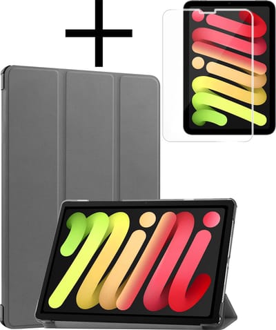 Hoes - Geschikt voor Apple iPad Mini 7 (2024) - 8.3 inch - 7e Generatie - Met Screenprotector - Trifold Bookcase - Hard Cover - Hardcover Book Case - Tablet Hoesje - Grijs