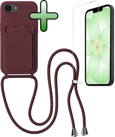 Hoes Geschikt voor iPhone 17e Hoesje Met Koord Met Screenprotector - Telefoonhoesje Geschikt voor iPhone 17e Backcover Met Afneembaar Koord - Aubergine