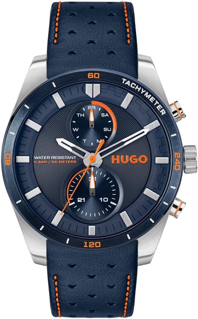 HUGO HU1530371 #FAST Heren Horloge - Mineraalglas - Staal/Leer - Blauw/Zilverkleurig - 44 mm breed - Quartz - Gesp - 5 ATM (douchen)