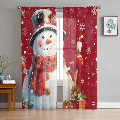Kerst Sneeuwpop Sneeuwvlok Rood Transparante Gordijnen voor Woonkamer Decoratie Raamgordijnen Keuken Tule Voile Gordijnen W135 x H115cm x1 white