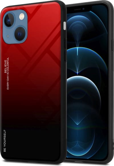 Cadorabo Hoesje geschikt voor Apple iPhone 13 MINI in ROOD - ZWART - Tweekleurige beschermhoes van TPU-silicone Case Cover en achterzijde van gehard glas