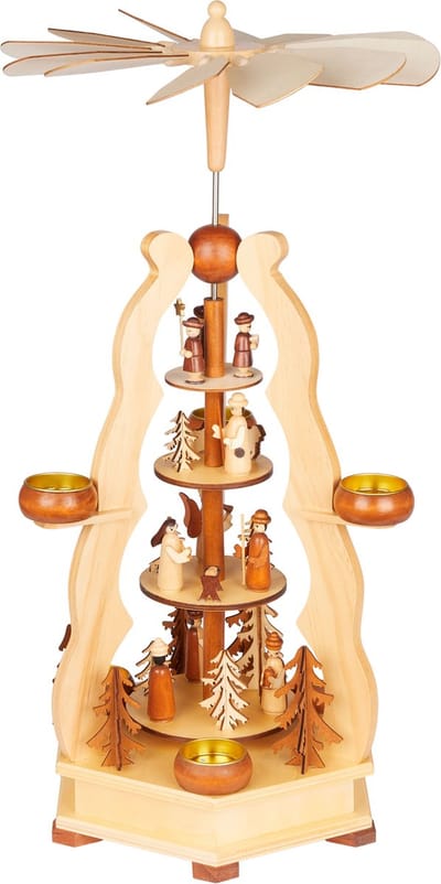 BRUBAKER Kerstpiramide van hout, piramide met koning, zanger van de ster, Maria, Jozef en Jezus, theelichtpiramide voor Kerstmis, hoogte 55 cm, tafelpiramide voor 4 theelichtjes, handbeschilderd