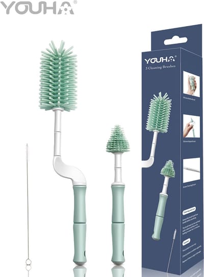 Youha® flessenborstels - Schoonmaakborstels - 3 stuks - Siliconen materiaal - Borstel voor fopspeen, buisjes, slangen en flesjes - Makkelijk schoonmaken - Spenen - Flessenreinigen - Kleur: Groen/blauw