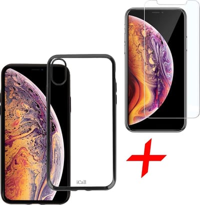 Transparant Hoesje geschikt voor iPhone Xs Max Soft TPU Gel Siliconen Case Zwart + Tempered Glass Screenprotector iCall