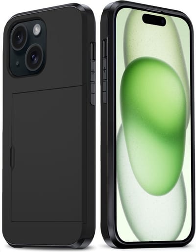 Hoes Geschikt voor iPhone 15 Hoesje Hard Case Met Pas Houder - Hoesje Geschikt voor iPhone 15 Hoes Shockproof Hard Cover Met Kaarthouder - Zwart