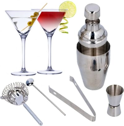 Set van 4x Martini cocktailglazen met luxe 5-delige cocktailshaker set RVS - 220 ml - Cocktails drinken - Cocktails
