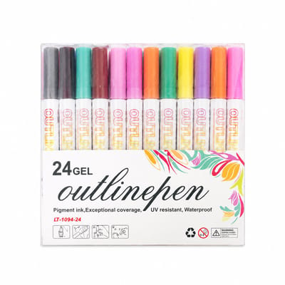 Dubbelzijdige contourstiften - 24 kleuren - gekleurde fluorescerende markeerstiften - voor handgemaakte posters en markeren - witte houder, 60 sets per doos